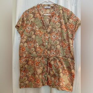 Dressbarn Orange & Green Floral Tie Waist Top with Mandarin Collar Size XL